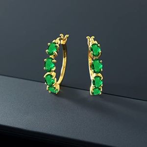 3.20 Ct Oval Green Emerald 14K Yellow Gold over sterling silver Hoop Earrings